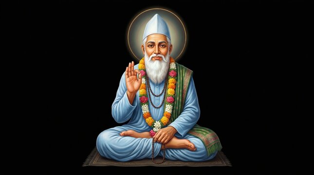 Artistic depiction of saint kabir das in meditation pose with floral garland and prayer beads sant kabirdas
