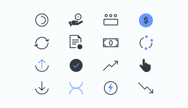 A minimalist matrix of sixteen functional icons representing business operations, including cash flow, data sync, market trends, checkmarks, and digital transactions.