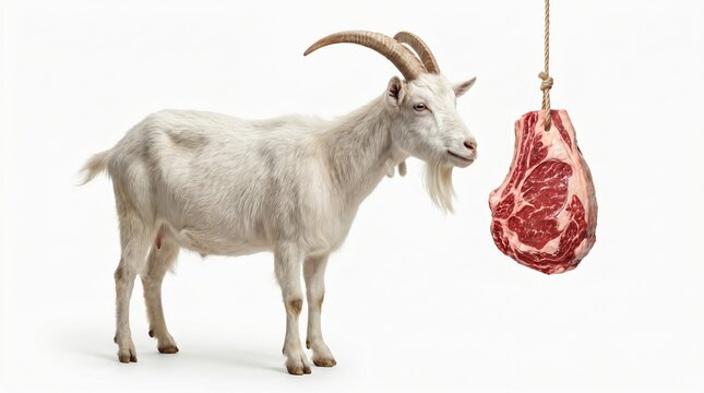 White goat staring at raw meat, a humorous and ironic visual depicting temptation and unexpected dietary choices on a clean background