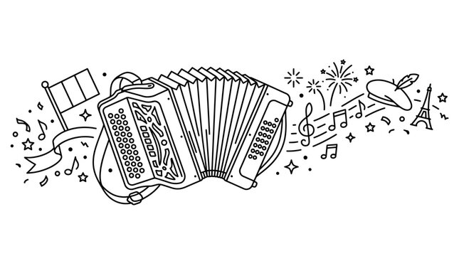Hand drawn accordion illustration with French symbols.