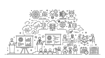 Naklejka premium Hand drawn doodle illustration of artificial intelligence and data technology conference.