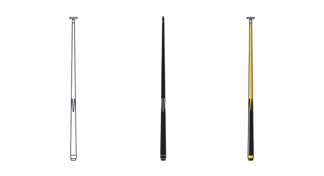 Three billiard cues: chrome, black, and wood, isolated on white background