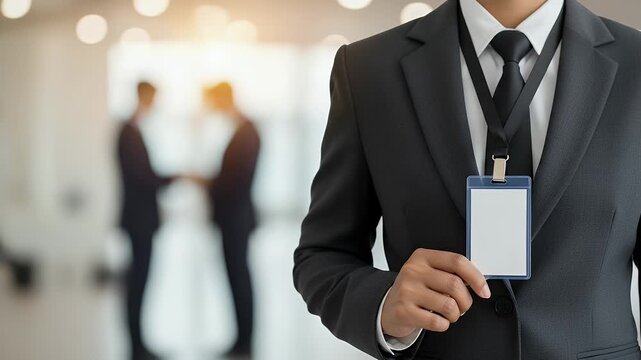 Professional man in a dark suit holding a blank identification badge or access pass, ready for an important corporate event or business conference.