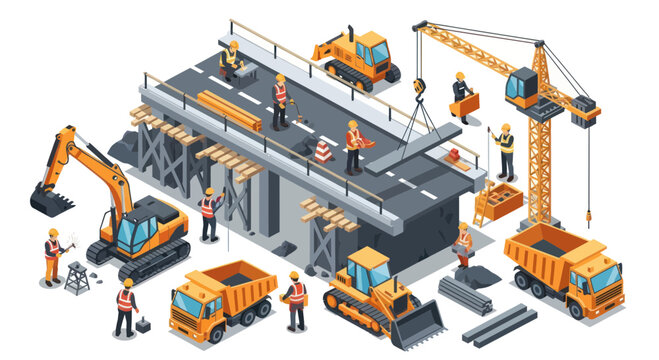 Isometric construction scene with workers, heavy machinery, and bridge building.