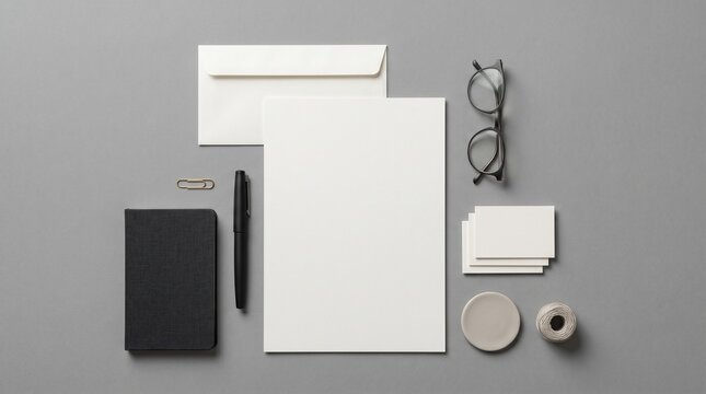 Flat lay of office stationery and personal accessories neatly arranged on a gray background
