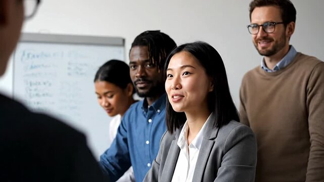 Diverse group of multi-ethnic professionals attending a modern corporate training session, enhancing skills and fostering teamwork. Emphasizes learning, collaboration, and professional development...