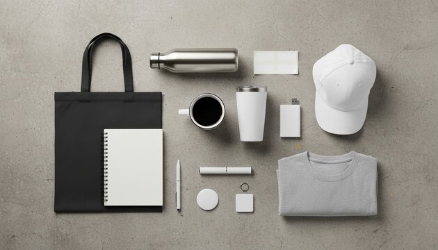 A flat lay mockup featuring a variety of customizable promotional merchandise. perfect for showcasing your brand and designs