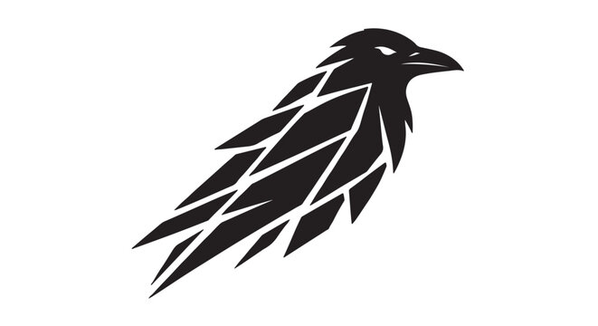 Abstract black raven icon with fragmented geometric feathers, isolated white background, modern monochrome vector artwork, luxury editorial branding style