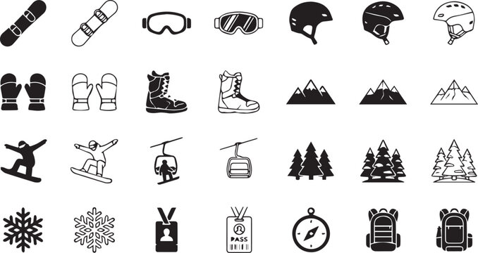 Winter sports equipment and activity icons set