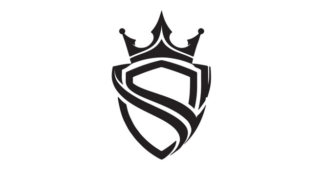 Black crown and shield icon merged with flowing ribbon lines, isolated white background, luxury security emblem vector, clean monochrome corporate design