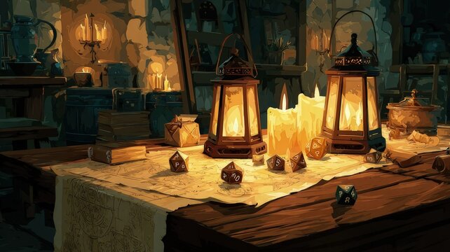 Candlelit tabletop role-playing game setup, with polyhedral dice and glowing lanterns on a rustic wooden table, ready for fantasy adventures and immersive storytelling