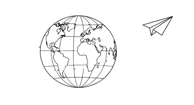 Global logistics and shipping concept, a minimalist paper airplane flying around a wireframe globe leaving a dotted trajectory trail, black and white vector illustration, modern clean corporate style,