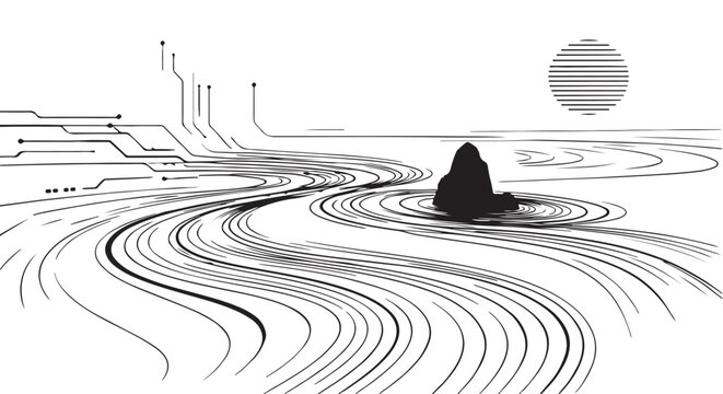 Minimalist zen garden sand rake patterns combined with futuristic cybernetic data streams, smooth continuous black vector lines, high contrast monochrome premium background design.