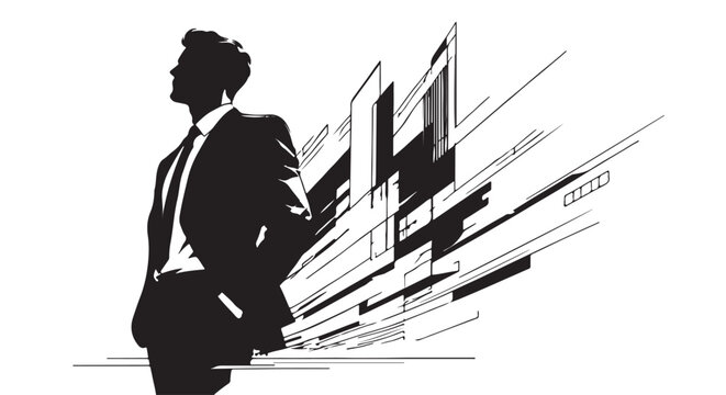 Powerful businessman silhouette merged with abstract architectural lines, monochrome premium vector composition, sharp geometric flow, luxury corporate branding artwork, isolated white background