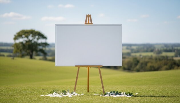 Blank white board mockup for welcome sign or seating chart, ideal for outdoor events. Greeting template with clipping path
