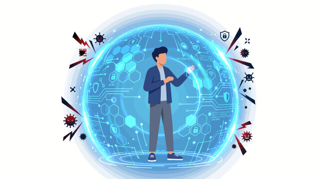 Man Interacting with Futuristic Digital Brain Interface.
