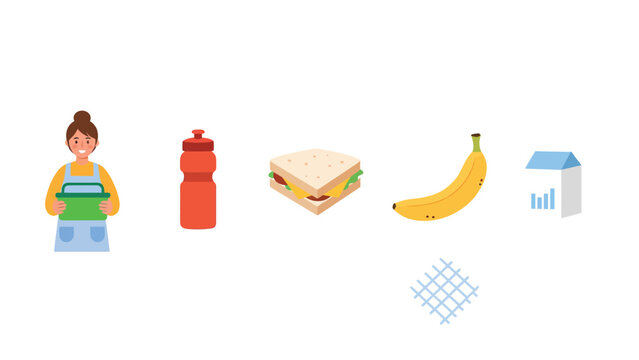 Healthy school lunch items for children including sandwich, banana, milk, and water bottle, with a person preparing food.