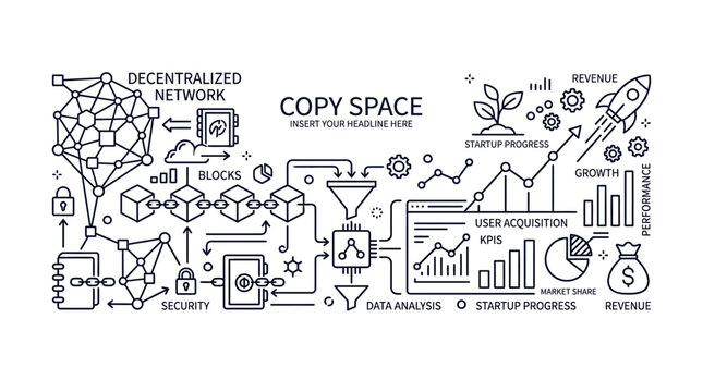 Hand drawn doodle illustration of blockchain technology and startup business development concepts.