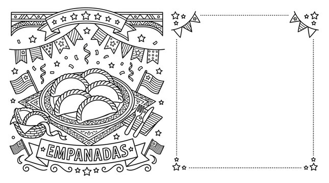 Hand drawn doodle illustration of delicious empanadas with festive decorations.