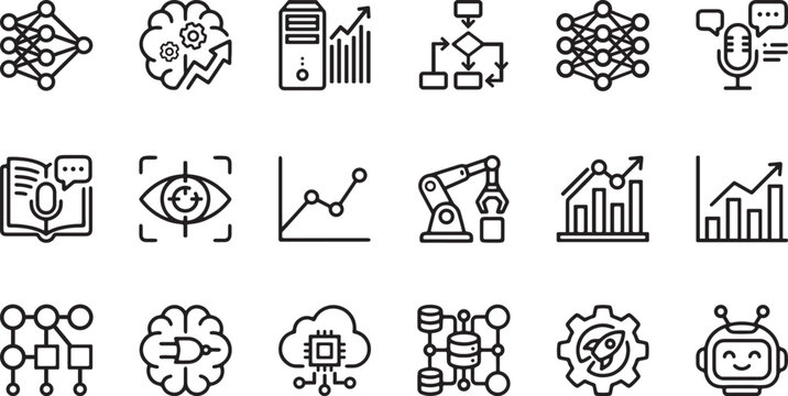 Artificial Intelligence, Machine Learning, and Data Science Vector Line Icon Set. Neural Network, Analytics, and Robotics Outline Icons for Web Design