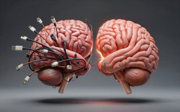 Human brains connected by USB cables symbolizing tech integration