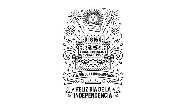 Hand drawn illustration for Argentina Independence Day with celebratory cake and sun symbol.