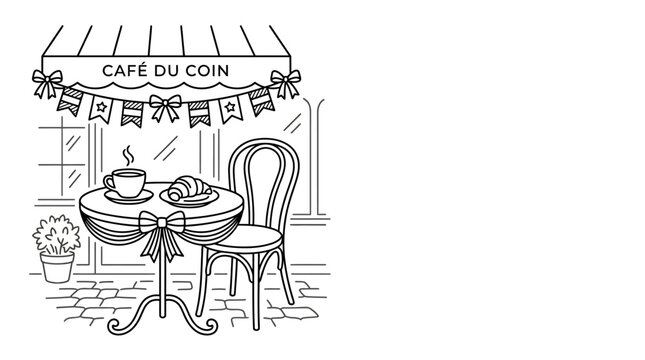Hand drawn illustration of a charming outdoor cafe scene with coffee and croissant.