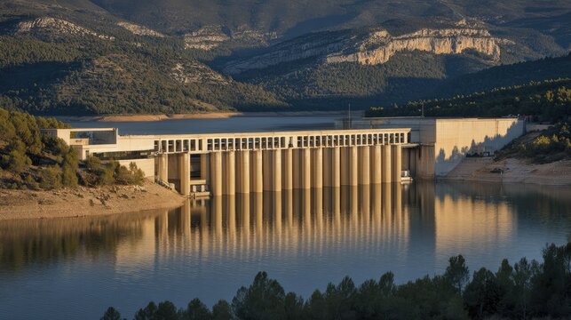 Large concrete dam structure on calm water against mountain range background