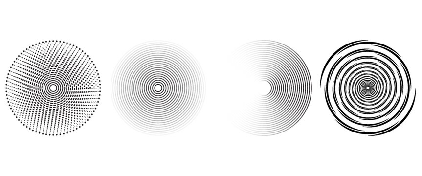 Black concentric circle set. Sonar or sound wave ring collection. Dotted and linear epicentre, target, radar icon concept. Ripple radial signal or vibration elements. Vector line and halftone symbols