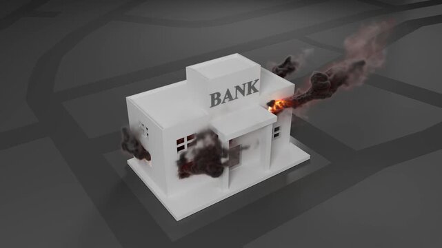 Bank Building On Fire With Dark Smoke Rising
