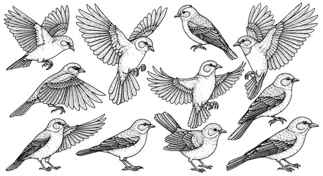 Collection of detailed bird illustrations in various poses black and white hand-drawn sketch set of sparrows or finches line art illustration