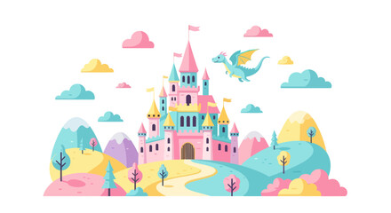 Fantasy Castle with Dragon, Fairytale Landscape, Princess Dream © roina