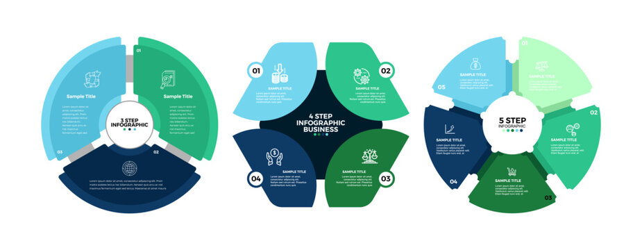 Infographic chart diagram circle set with 3, 4, and 5 options, for process presentation templates or business reports. Editable vector illustration
