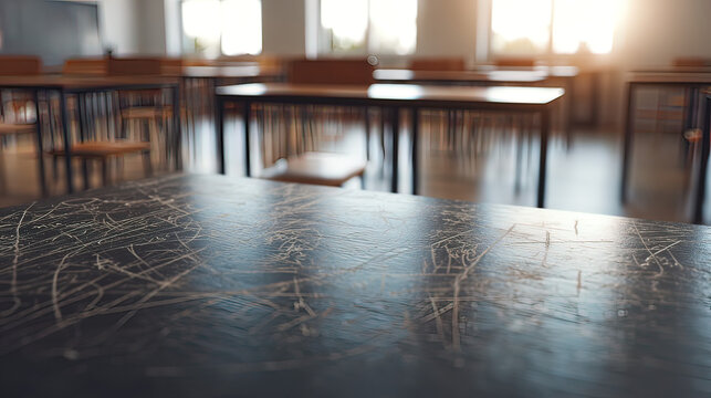 scholarly. Academic surface covered in chalk markings, creating an abstract educational atmosphere with blurred formulas. STEM education sheets.
