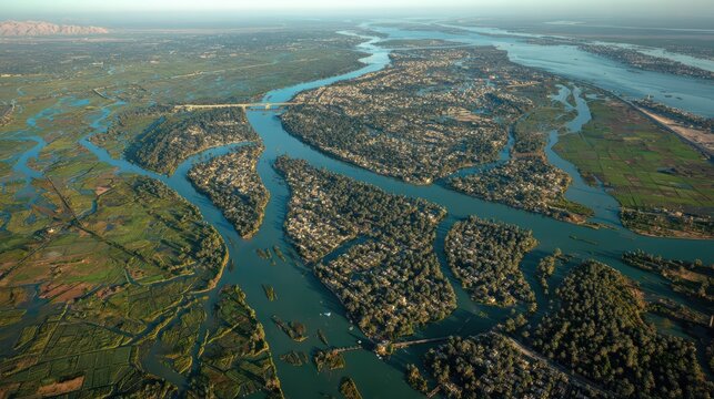 River Delta Landscape: An expansive aerial view captures the intricate network of waterways within a lush river delta.