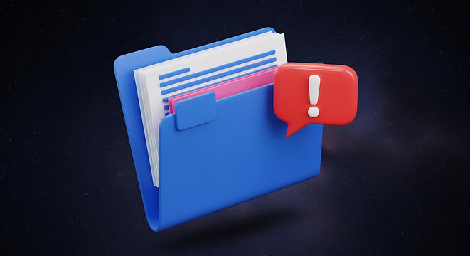 Blue file folder containing documents with red alert notification message document notification information business management important communication