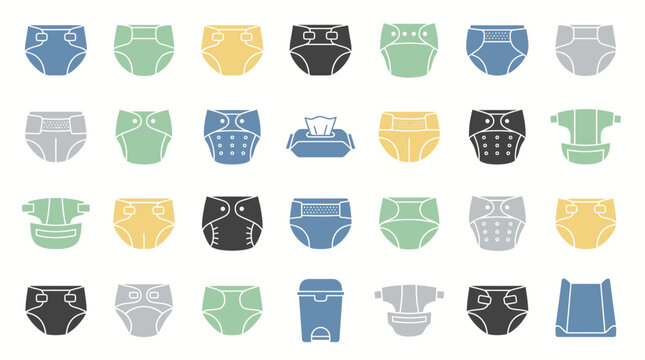 Baby Diaper and Hygiene Product Icons Set, Flat Vector Illustration Grid on White Background for Infant Care Design