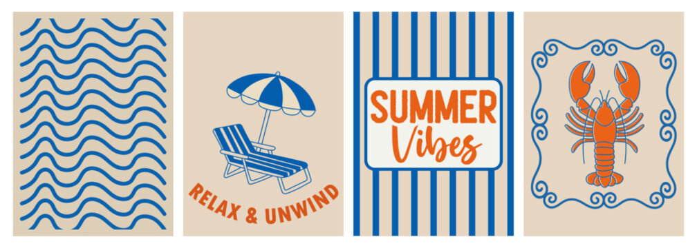 A collection of four summer themed illustrations with beachy elements