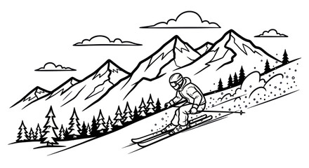 Skier Descending Snowy Mountain Slope with Trees and Clouds © roina