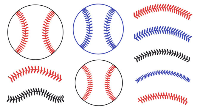 Baseball Stitching Elements: Balls and Curves in Red, Blue, and Black