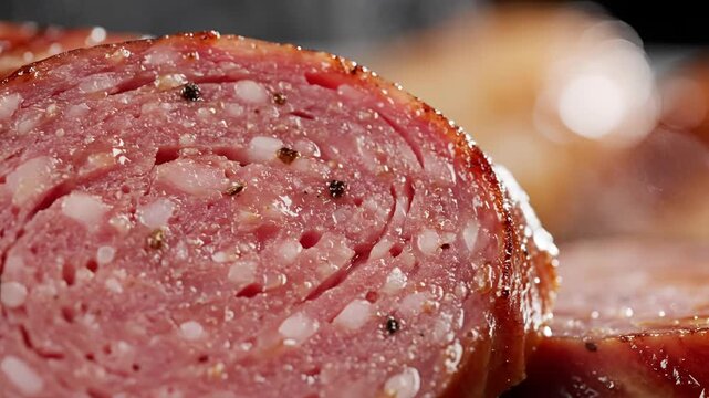 Closeup of a delicious smoked sausage with visible spices and texture.