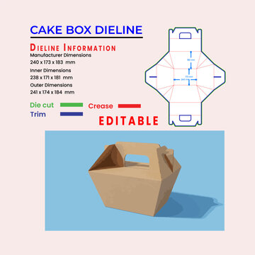 Cake box dieline and 3D model with dimensions and instructions Keywords: cake box, dieline, template
