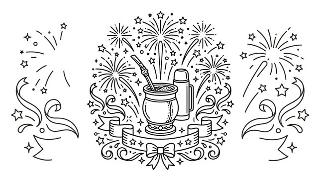 Hand drawn illustration of yerba mate gourd and thermos with festive fireworks.