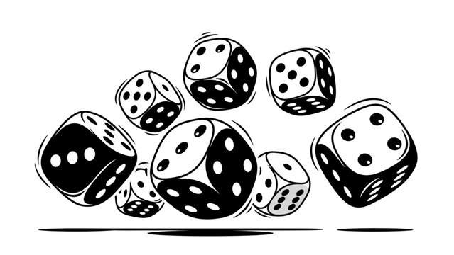 Black and White Graphic Illustration of Falling Gaming Dice