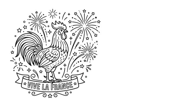Hand drawn rooster illustration with fireworks and Vive la France banner.