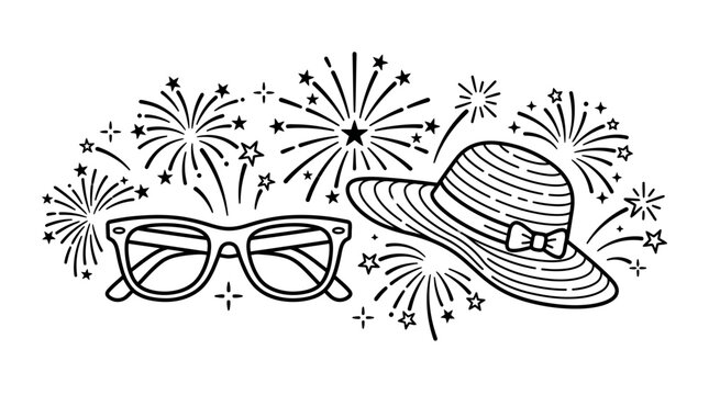 Hand drawn summer holiday elements with sunglasses and sun hat with fireworks.