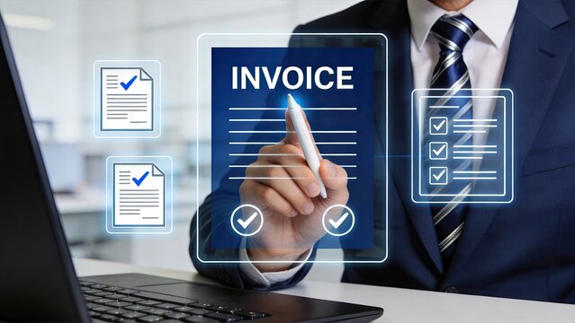 Corporate executive signing digital invoice on virtual screen, electronic document management system, business paperwork processing with checkmarks, online billing and accounting
