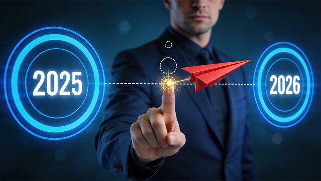 Businessman touching futuristic hologram interface, timeline from 2025 to 2026, red paper plane flying forward, symbolizing future planning, strategic vision, and corporate growth