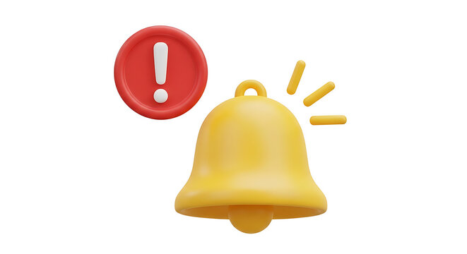 3D yellow notification bell with red exclamation mark alert icon notification exclamation interface reminder attention isolated software