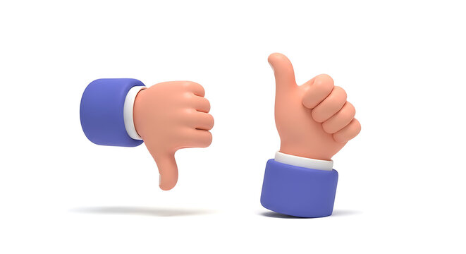 3D cartoon hands showing both thumbs up and thumbs down gestures with positive negative feedback approval decision comparison communication evaluation